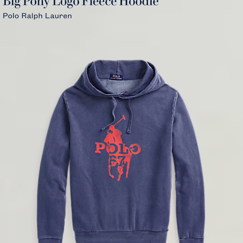 Polo Ralph Lauren Big Pony POLO 67 Faded Graphic Hoodie Mens Size Large Navy Red